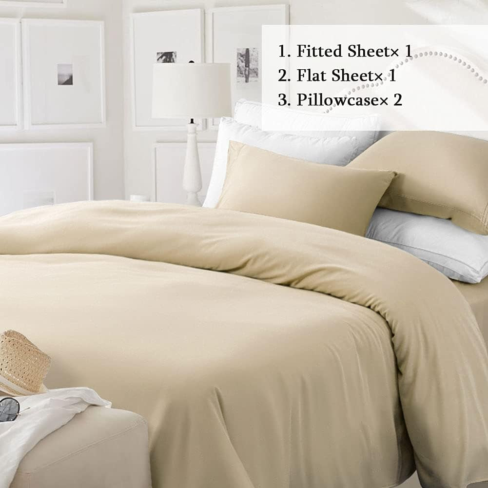 Bed Sheet Set Super Soft Microfiber 1800 Thread Count Luxury Egyptian Sheets Fit 18-24 Inch Deep Pocket Mattress Wrinkle-4 Piece (Beige, California King)