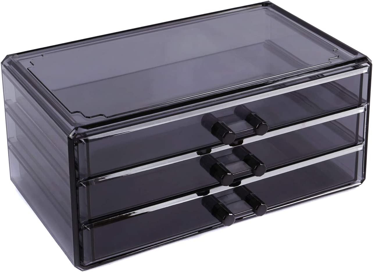 Cosmetics Makeup and Jewelry Storage Case Display, Stylish Bathroom Case Great for Lipstick, Nail Polish, Brushes, Jewelry and More, Overall: 9 1/4"W X 5 3/8"D X 11 5/8"H, Gray