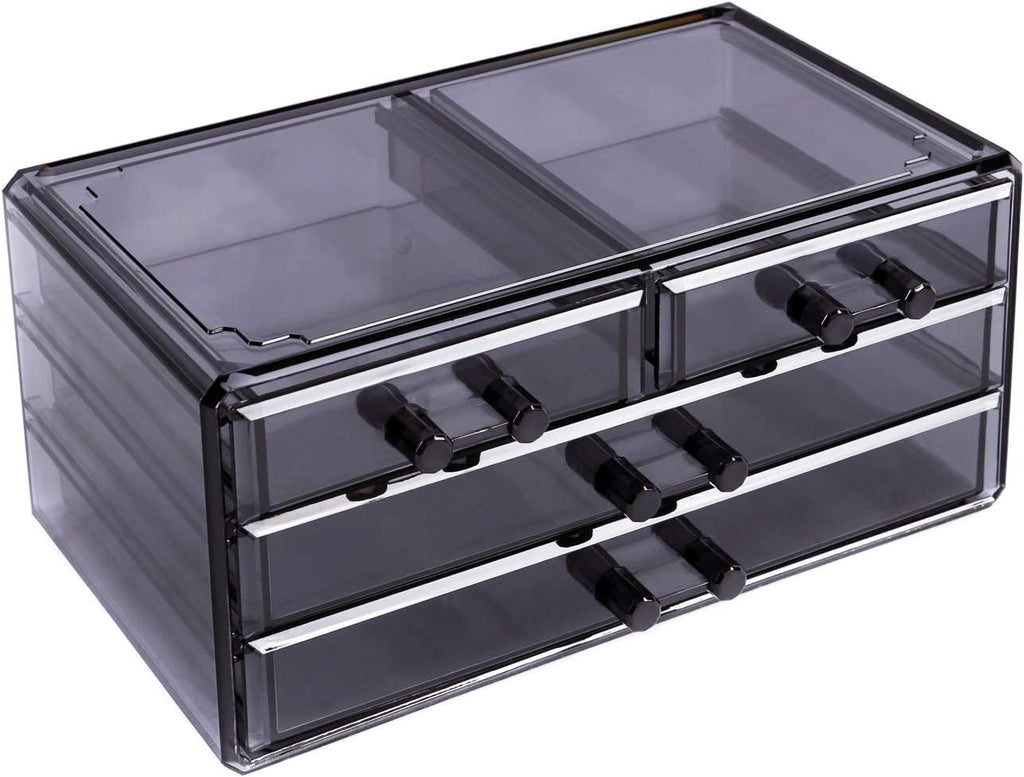 Cosmetics Makeup and Jewelry Storage Case Display, Stylish Bathroom Case Great for Lipstick, Nail Polish, Brushes, Jewelry and More, Overall: 9 1/4"W X 5 3/8"D X 11 5/8"H, Gray