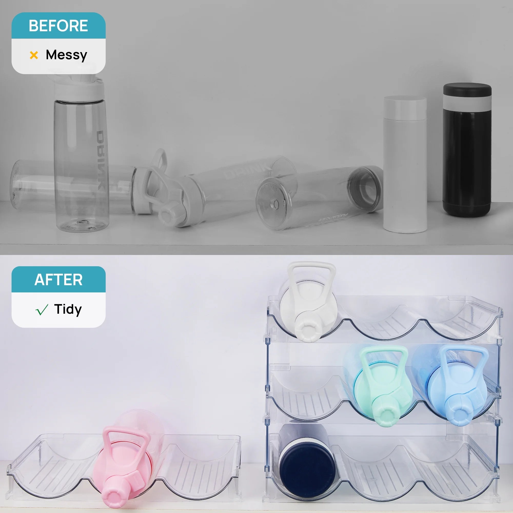 4 Pack Stackable Bottle Holder Storage Rack, Plastic Water Bottle Organizer, Clear