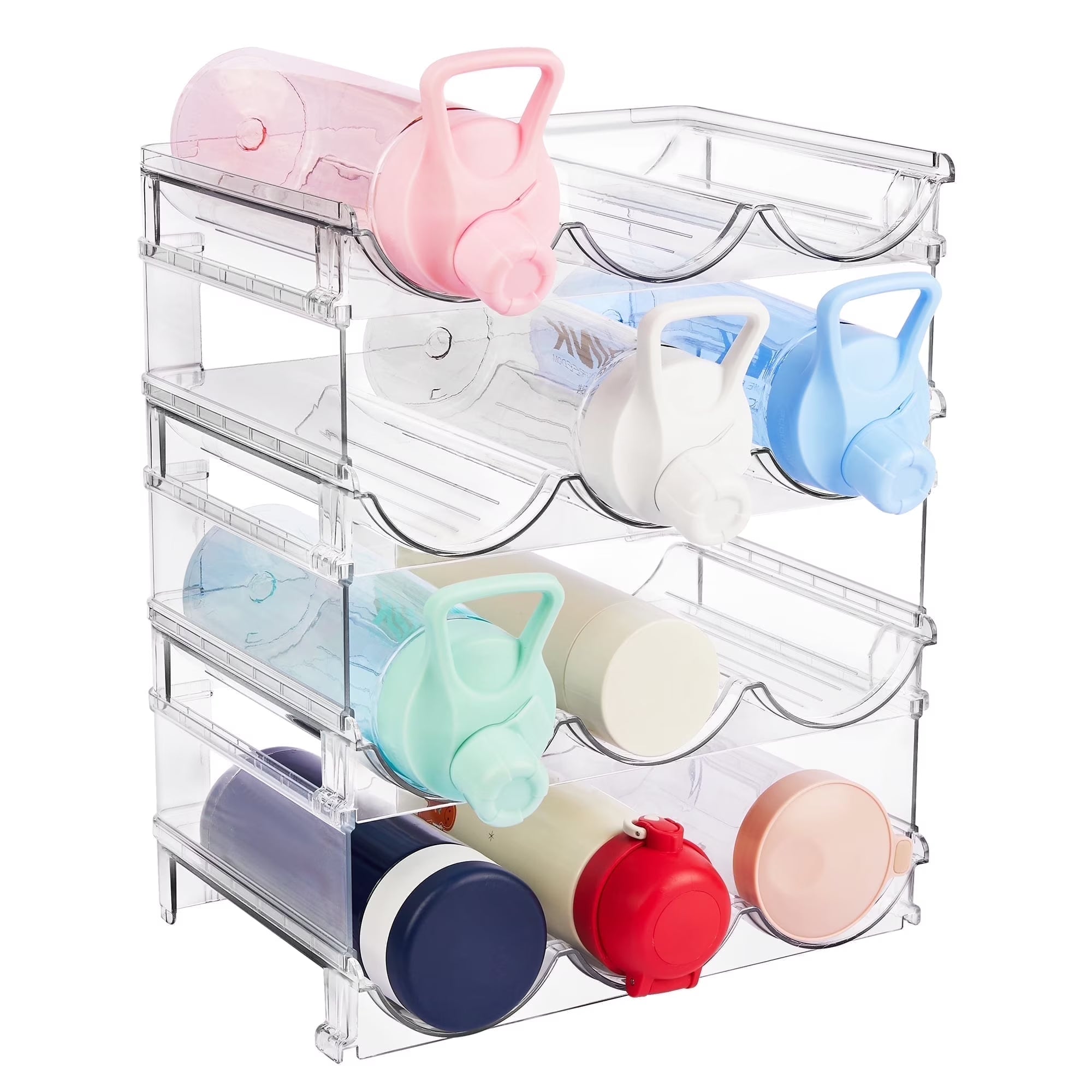 4 Pack Stackable Bottle Holder Storage Rack, Plastic Water Bottle Organizer, Clear