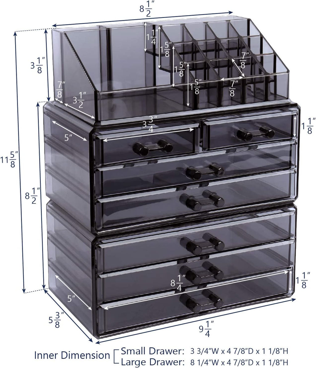 Cosmetics Makeup and Jewelry Storage Case Display, Stylish Bathroom Case Great for Lipstick, Nail Polish, Brushes, Jewelry and More, Overall: 9 1/4"W X 5 3/8"D X 11 5/8"H, Gray