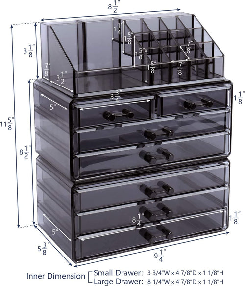 Cosmetics Makeup and Jewelry Storage Case Display, Stylish Bathroom Case Great for Lipstick, Nail Polish, Brushes, Jewelry and More, Overall: 9 1/4"W X 5 3/8"D X 11 5/8"H, Gray